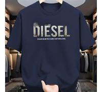 TEMU Camiseta Unisex Diesel con Logo Desgastado - Azul , Manga Corta Casual, Tejido de Poliéster Transpirable, Corte Regular, Lavable a Máquina, Ropa para Todas , Regalo del Día , Tela Duradera