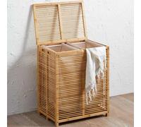 TEMU Canasta de Ropa Sucia de Bambú Bakaji con Tela , Soporte para Ropa y Baño con 2 Compartimentos, Contenedor Ahorrador de con y Bolsa Extraíble, 50 x 35 x 60 cm