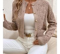 TEMU Cardigán Casual para Mujer con Estampado Geométrico - Suéter Corto de Botones y Cuello , Larga, Ajuste Regular, Silueta H, Ideal para Capas en /Otoño, Tejido Texturizado, Moda de Temporada