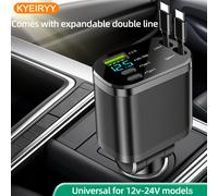 TEMU Carregador de coche multifuncional 5 en 1, equipado con dobles cables de extensión y 2 puertos Tipo C + 1 USB, con pantalla de voltaje, adecuado para vehículos de 12-24V