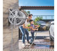 TEMU Carrete de manguera de jardín Outsunny de pared y de pie para manguera de 40 m, soporte para manguera de jardín con manivela,