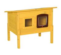 TEMU Casa para gatos de madera PawHut, refugio para mascotas al aire , techo impermeable con puerta y ventana, patas extraíbles, color