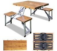 TEMU CASARIA® Mesa Plegable de Camping 85x72cm 4 Taburetes Aluminio y Madera Picnic Mesita Jardín Función Maleta