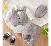 TEMU Chaleco a cuadros para bebé recién nacido para de y otoño, un traje de caballero de de dos piezas con largas, un body triangular, pantalones y un sombrero en un conjunto de