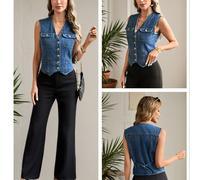 TEMU Chaleco de Denim para Mujer con Cuello en V - Estilo Vaquero Corto (con Hebilla Trasera)