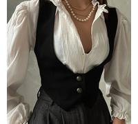 TEMU Chaleco de mujer negro estilo vintage francés con cuello en V para un look chic y elegante para ir al trabajo.