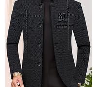 TEMU Chaqueta Casual de Negocios para Hombre con Cuello Mao | Tejido No Elástico, Estampado de Alfabetos, Larga, Un Solo Botón, Corte Regular para /Otoño