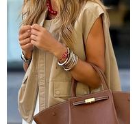 TEMU Chaqueta Casual Sin para Mujer - Cuello con Botones Frontales, Beige, Lavable a Máquina, Versátil para Todas y Capa de Abrigo o Casual