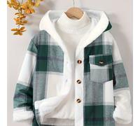 TEMU Chaqueta con capucha para niño, otoño e invierno, con un gran a cuadros, colores , bordes deshilachados, casual y , ideal para niños mayores.