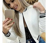 TEMU Chaqueta de béisbol casual con cremallera para mujer - Cuello de negro y , ropa de abrigo de larga con bolsillos, abrigo de moda para /otoño, chaqueta de | Diseño | Bolsillos funcionales