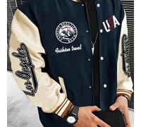 TEMU Chaqueta de béisbol casual para hombre con estampado de USA-LosAngeles - Elegante azul con detalles blancos y , botonadura, bolsillos, cuello de universidad, chaqueta de béisbol