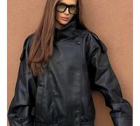 TEMU Chaqueta de PU holgada para mujer, estilo vintage, con forma de H, cuello , cremallera frontal y abotonadura , estilo piloto