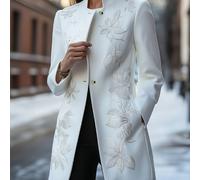 TEMU Chaqueta Elegante Blanca de Talla Grande para Mujer - Cuello con Estampado Floral, Lavable a Máquina, Abrigo Formal para Oficina, y Fiestas - Ropa Exterior Todo Temporada
