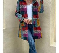 TEMU Chaqueta Elegante de Bloques Geométricos para Mujer - Abrigo Largo con Bolsillos, Tejido Elástico Lavable a Máquina para /Otoño, Estilo Casual o Formal, Diseño Multicolor y Ajuste