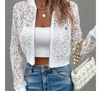 TEMU Chaqueta Elegante de Encaje Transparente con Cuello Tipo Béisbol para Mujer - Cardigán de Larga con Cremallera Delantera, Lavable a Máquina, Exterior Chic para Todas , Sofisticada