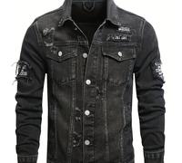 TEMU Chaqueta Vaquera Ajustada para Hombre con Múltiples Bolsillos | Estilo Casual, Color Sólido, Corte Regular, Marca HME