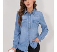 TEMU Chaqueta vaquera de larga para mujer, camisa de color liso con bolsillo, top vaquero casual y versátil