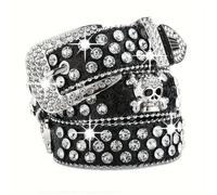 TEMU Cinturón de cuero PU con remaches de calavera, diamantes de y hebilla BB, elegante, de color liso, para uso diario, para mujeres, vaqueros, pantalones de vaquera y pantalones de vaquero.