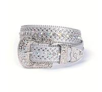 TEMU Cinturón de hebilla con pedrería plateada y remaches de cuero PU con cuentas de estilo hip hop para pantalones vaqueros, festivales de .