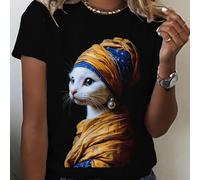 TEMU ¡Colección de Moda Innovadora! Camiseta de Manga Corta con Diseño de Gato y Aretes de Perlas sobre un Negro, Top Elegante para Mujer, Camiseta Casual y Cómoda de Cuello para Mujer,