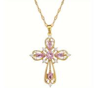 TEMU Collar de Cruz Hueca con Zirconia Rosa de Acero Inoxidable para Mujeres - Joyería Elegante Chapada en Oro con Piedras Brillantes, Regalo Duradero para Uso Diario y Fiestas 14+