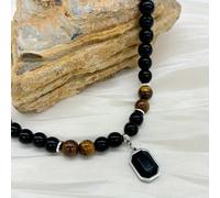 TEMU Collar de cuentas negras de moda para hombre con natural y colgante de acero inoxidable - No magnético, sin chapado, mosaico de piedra natural