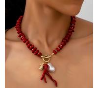 TEMU Collar de moda con colgante para mujer, collar vintage de lujo con cuentas de coral para uso diario casual, vacaciones y regalos festivos