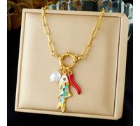 TEMU Collar de moda con temática , diseño de dibujos animados, colorido, colgante de pez con de aceite, de perla, colgante de chile, cierre de