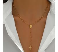 TEMU Collar de rosario para mujer con colgante de cruz religiosa en acero inoxidable, cadena minimalista clásica de Y bañada en oro 18K, ideal para uso diario y ocasiones especiales