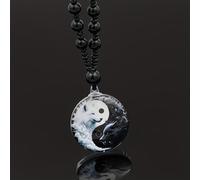 TEMU Collar Largo con Colgante de Diseño Tai Chi y Lobo para Hombres, Collar Rosario de Cuentas de Cristal - Regalos para Aniversarios, y Navidad