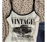 TEMU con Estampado de Coche Retro Y2K para Mujeres - Diseño "Mantén lo Vivo", con Tirantes Negros, Lavable a Máquina, Ropa Casual para Todas