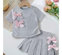 TEMU Conjunto /2 Piezas: Top de Manga Corta con y Cuello & Falda Plisada para Niñas, Transpirable y Absorbente, Ideal para Uso Casual al