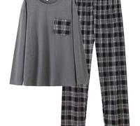 TEMU Conjunto casual de estilo para hombre de talla grande, que una camiseta de larga y cuello de color liso con pantalones holgados a cuadros, talla grande