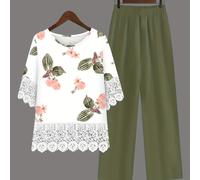 TEMU Conjunto Casual de Mujer con Estampado Floral, Top de Cuello y 3/4 con Panel de Encaje y Pantalón Simétrico de Color Sólido - Dos Piezas