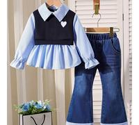 TEMU Conjunto casual juvenil de polo con cuello y falda acampanada estilo denim P101865, para exteriores