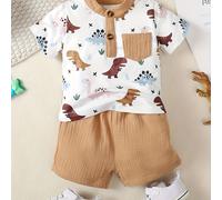 TEMU Conjunto casual para niño, que una camiseta de manga corta con estampado de dinosaurio y pantalones cortos de color liso, un estilo regular , ideal para actividades al aire libre.