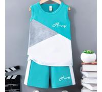 TEMU Conjunto Casual para Niños - Top de Tirantes y Pantalones Cortos de Bloque de Color, Poliéster Transpirable, Lavable a Máquina, para Exteriores