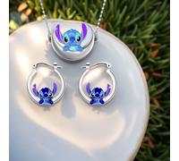 TEMU Conjunto de 1 par de pendientes redondos y 1 collar de Stitch de Disney, accesorios de juego de y regalo para mujeres.