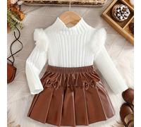 TEMU Conjunto de 2 outfits modernos y fáciles de poner para niñas, que una camiseta de punto de larga con con volantes y una falda plisada con , para usar al en y otoño.