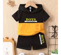 TEMU Conjunto de 2 piezas casual de manga corta para deportes de y verano para niños, con estampado de 'BOYS Brave and ' y color bloque de moda, para exteriores.
