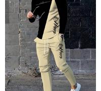 TEMU Conjunto de 2 piezas de camiseta casual de larga con cuello y estampado de rosas en bloque de color para hombre y joggers con cordón para actividades al aire libre de otoño e invierno.