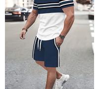TEMU Conjunto de 2 piezas de camiseta casual de manga corta con cuello y estampado de rayas en bloque de color y pantalones cortos con cordón para hombre, para actividades al aire libre en verano.