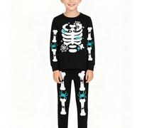 TEMU Conjunto de 2 piezas de pijama ajustado para niños con cuello de tripulación, pantalones de larga y calavera esqueleto que en para fiestas de Halloween.