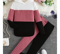 TEMU Conjunto de 2 piezas de sudadera y pantalones ajustados de largo la pantorrilla, bloque de color casual de punto de poliéster con estiramiento, ajuste regular para /otoño, para exterior