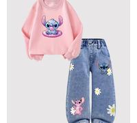 TEMU Conjunto de 2 piezas Disney Stitch: Sudadera rosa tipo denim + Outfit de denim para niñas, estilo uniforme escolar, ropa casual de otoño/invierno estilo streetwear, ajuste y , para looks casuales