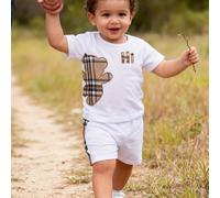 TEMU Conjunto de 2 piezas para exteriores: camiseta de manga corta con estampado de oso de dibujos animados a cuadros bordado y shorts de patchwork a cuadros.