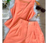 TEMU Conjunto de 2 piezas para mujer de /verano, moda casual y sencilla para a día, chaleco con cuello en V y shorts