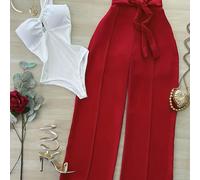 TEMU Conjunto de 2 piezas para mujer ZCDX: de hombros descubiertos y 1 pantalón largo de pierna ancha con diseño de cinturón, versátil, a , casual, elegante, de diseñador de para trayectos diarios