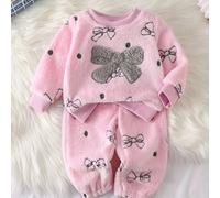 TEMU Conjunto de 2 piezas para niñas, casual y lindo, con estampado de de felpa de cara, top de larga con cuello y bordado de patchwork y pantalones para otoño/invierno, para exteriores