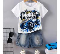 TEMU Conjunto de 2 piezas para niño: camiseta de manga corta con cuello y estampado de coche, y shorts vaqueros, estilo casual y moderno para streetwear, ideal para actividades al aire libre.